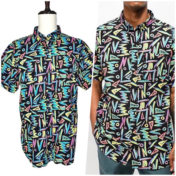 Empyre | Men | Neon Graffiti 90s Style Short Sleeve Button Down Shirt | Size XL - Picture 1 of 11